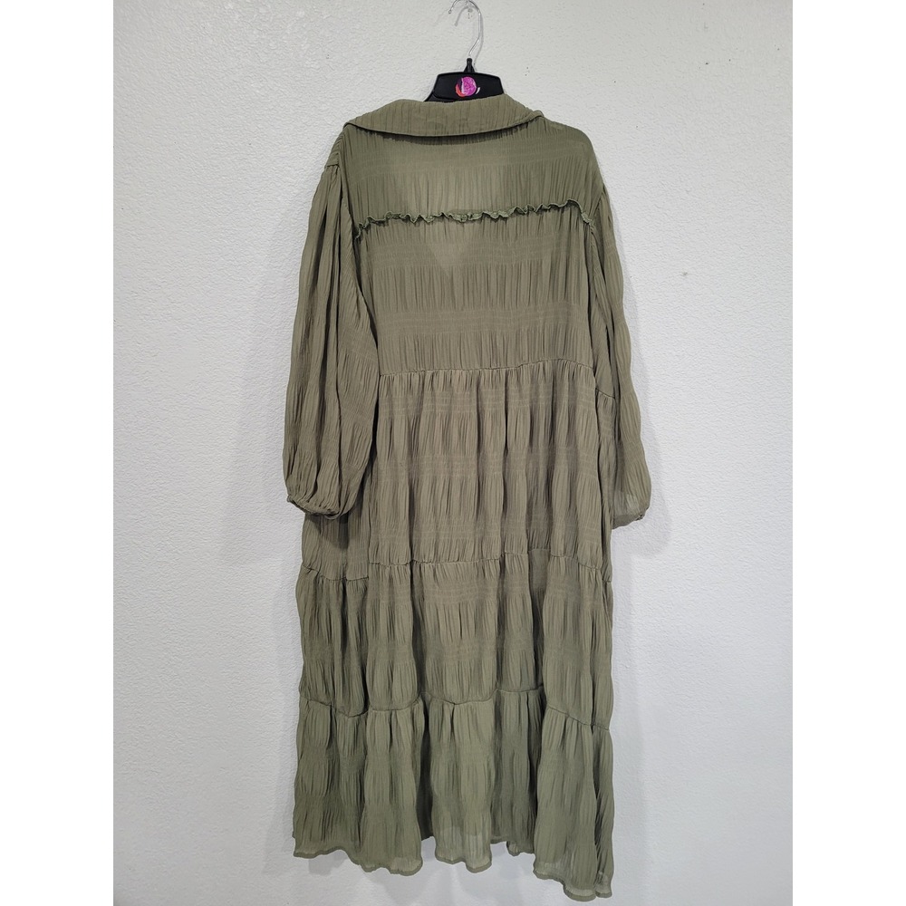 Like Love Olive Green Crinkle Tiered Maxi Dress 2X‎ Button Front Collared #1 - Picture 3 of 5